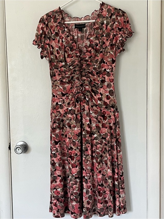 connected apparel Dresses & Skirts - Connected Apparel Pink & Brown Floral Ruched V-Neck Dress